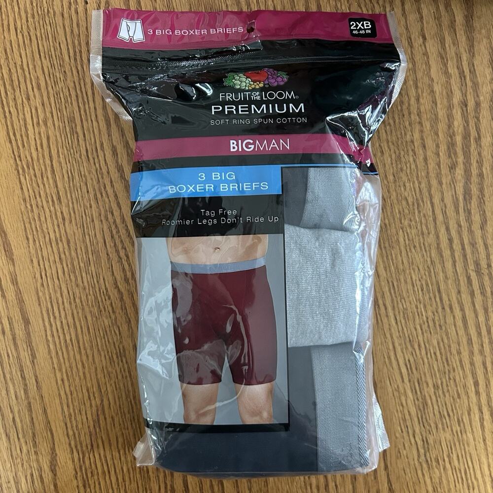Fruit of the Loom 3-Pack Big Boxer Briefs Men's Size 2XB 46-48 Black Gray
